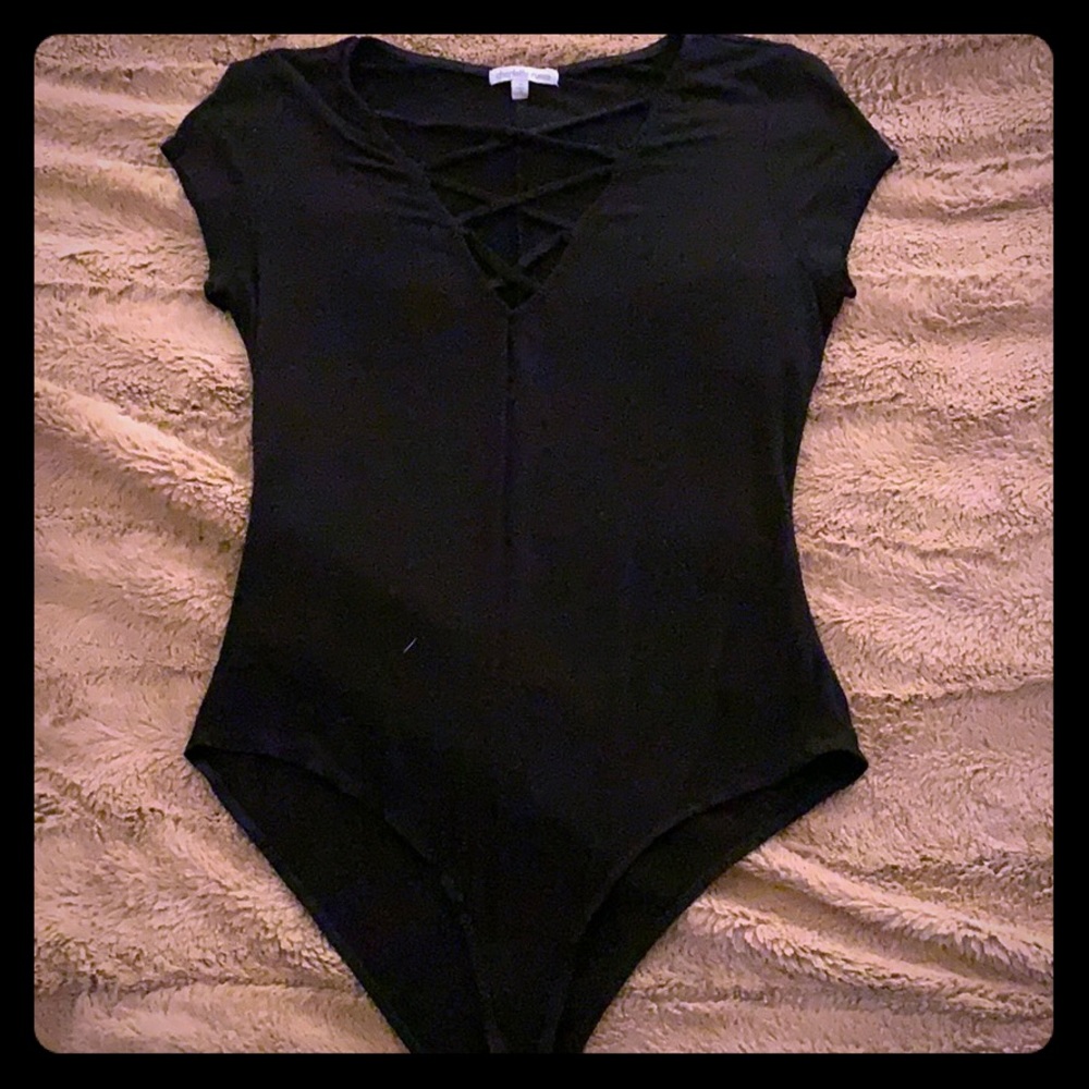 Black Body Suit - Cross Cross Strap V Neck